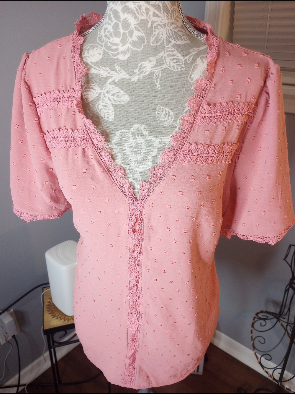 Pink Lace Trim V-Neck Blouse